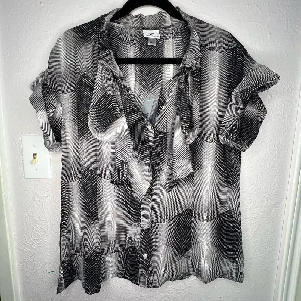 New Worthington Elegant Mature Sheer Chiffon Black/Gray Artsy Women’s Top Sz XL